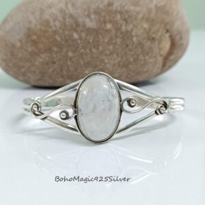 Handmade Moonstone Bangle: 925 Sterling Silver Adjustable Bracelet