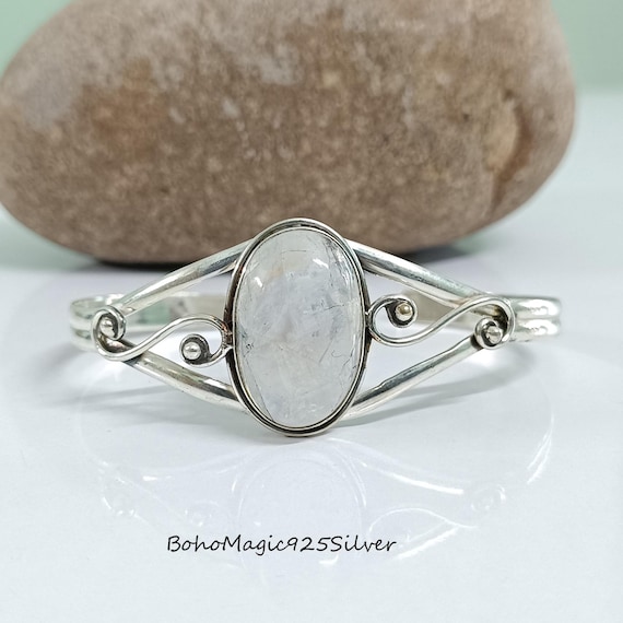 Handmade Moonstone Bangle: 925 Sterling Silver Adjustable Bracelet Handmade Moonstone Bangle: 925 Sterling Silver Adjustable Bracelet