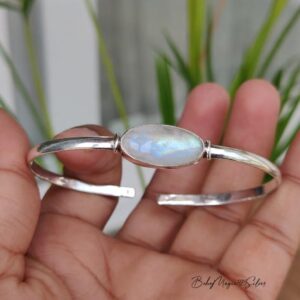 Handmade Moonstone Bangle: Sterling Silver Boho Bracelet, Statement Jewelry