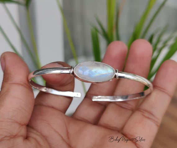 Handmade Moonstone Bangle: Sterling Silver Boho Bracelet, Statement Jewelry