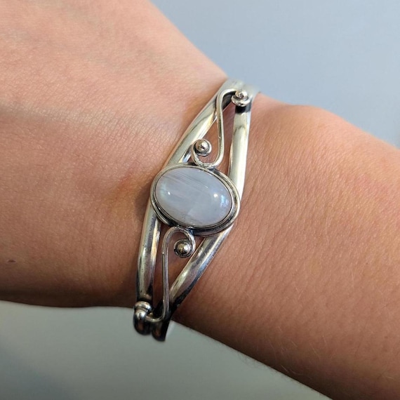 Handmade Sterling Silver Moonstone Cuff Bangle, Adjustable Open Bangle