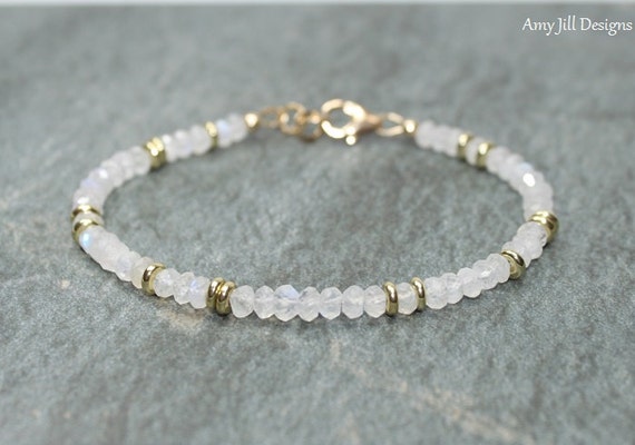 Moonstone Bracelet, Moonstone Jewelry, Brass, Blue Flash, Beaded, Layering Bracelet, Gemstone Jewelry