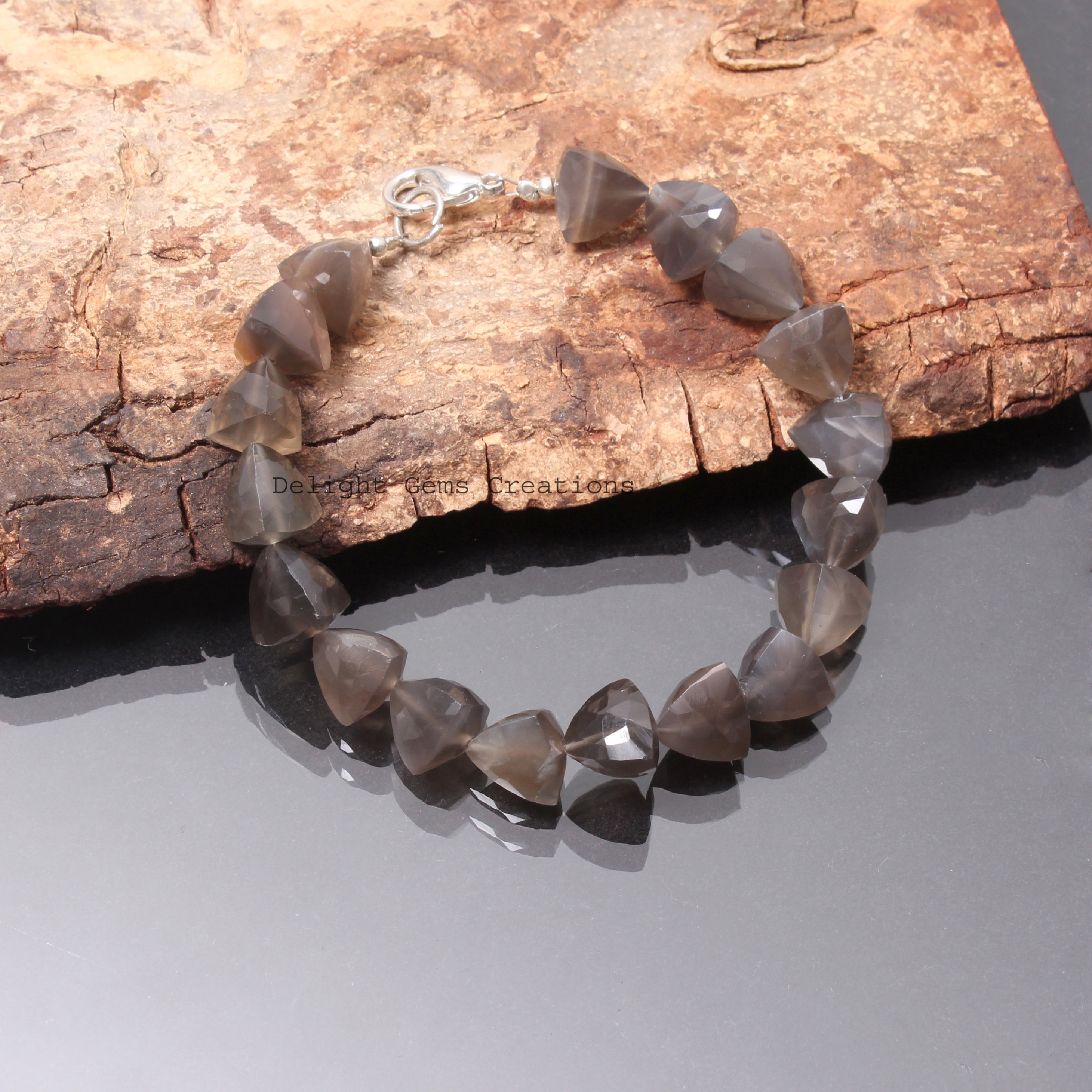 Natural Chocolate Moonstone Bracelet - Faceted Triangle Gemstone Beads - Aaa Quality - 9x10mm Beaded Stretch Bracelet