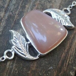 Peach Moonstone Bracelet: Handmade Sterling Silver Feather Detail