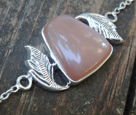 Peach Moonstone Bracelet: Handmade Sterling Silver Feather Detail