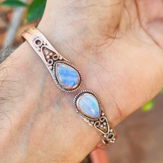 Pure Copper Moonstone Bangle, Handmade Jewelry, Adjustable Bangles, Women Jewelry