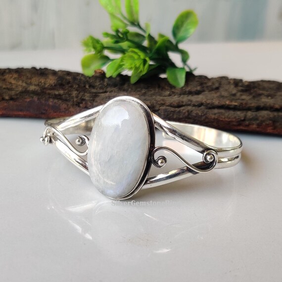 Rainbow Flash Moonstone Bangle: 925 Sterling Silver Adjustable Boho Bangle