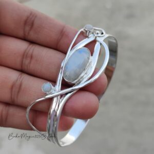 Moonstone Sterling Silver Bangle: Adjustable Boho Gemstone Bracelet