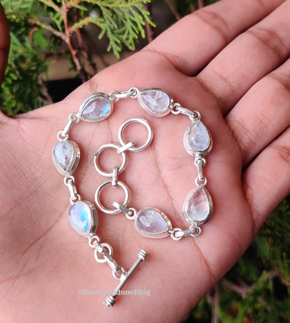 White Moonstone Bracelet: Handmade 925 Sterling Silver Adjustable Jewelry