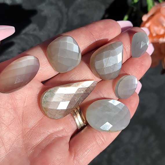 Grey Moonstone Faceted Cabochon, Choose Your Crystal Gemstone For Jewelry Making Or Crystal Grids Grey Moonstone Faceted Cabochon, Choose Your Crystal Gemstone For Jewelry Making Or Crystal Grids