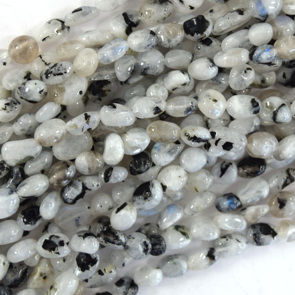 Natural Black White Moonstone Pebble Nugget Beads 15.5" Strand 6-8mm 8-10mm