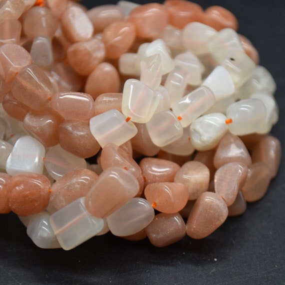 Peach Moonstone & White Moonstone Gemstone Tumblestone Nugget Pebble Beads - 6mm - 8mm - 15" Strand