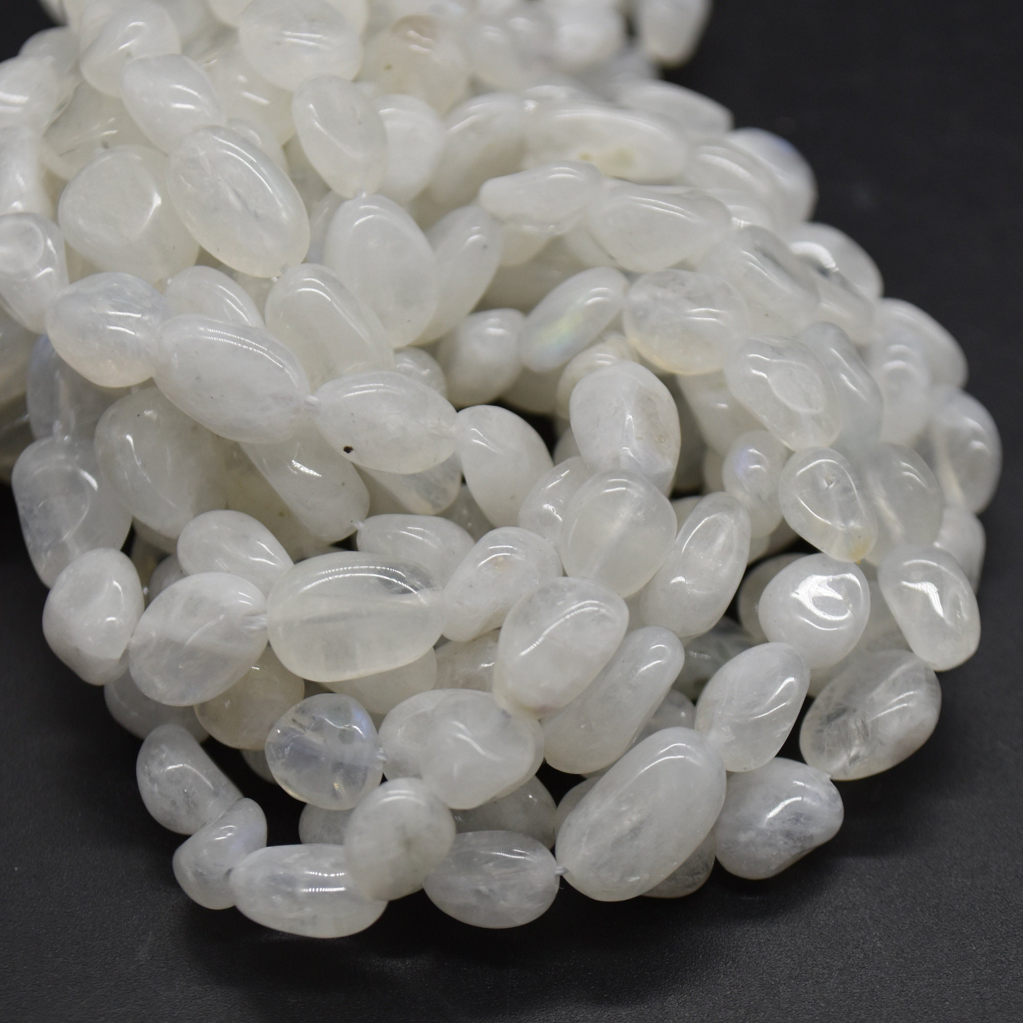 White Moonstone Gemstone Tumblestone Nugget Pebble Beads - 5mm - 8mm - 15" Strand