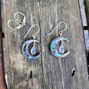 Abalone and moonstone earrings. Gold, rose gold and sterling silver crescent moon earrings. Moonstone abalone Rainbow earrings Abalone and moonstone earrings. Gold, rose gold and sterling silver crescent moon earrings. Moonstone abalone Rainbow earrings