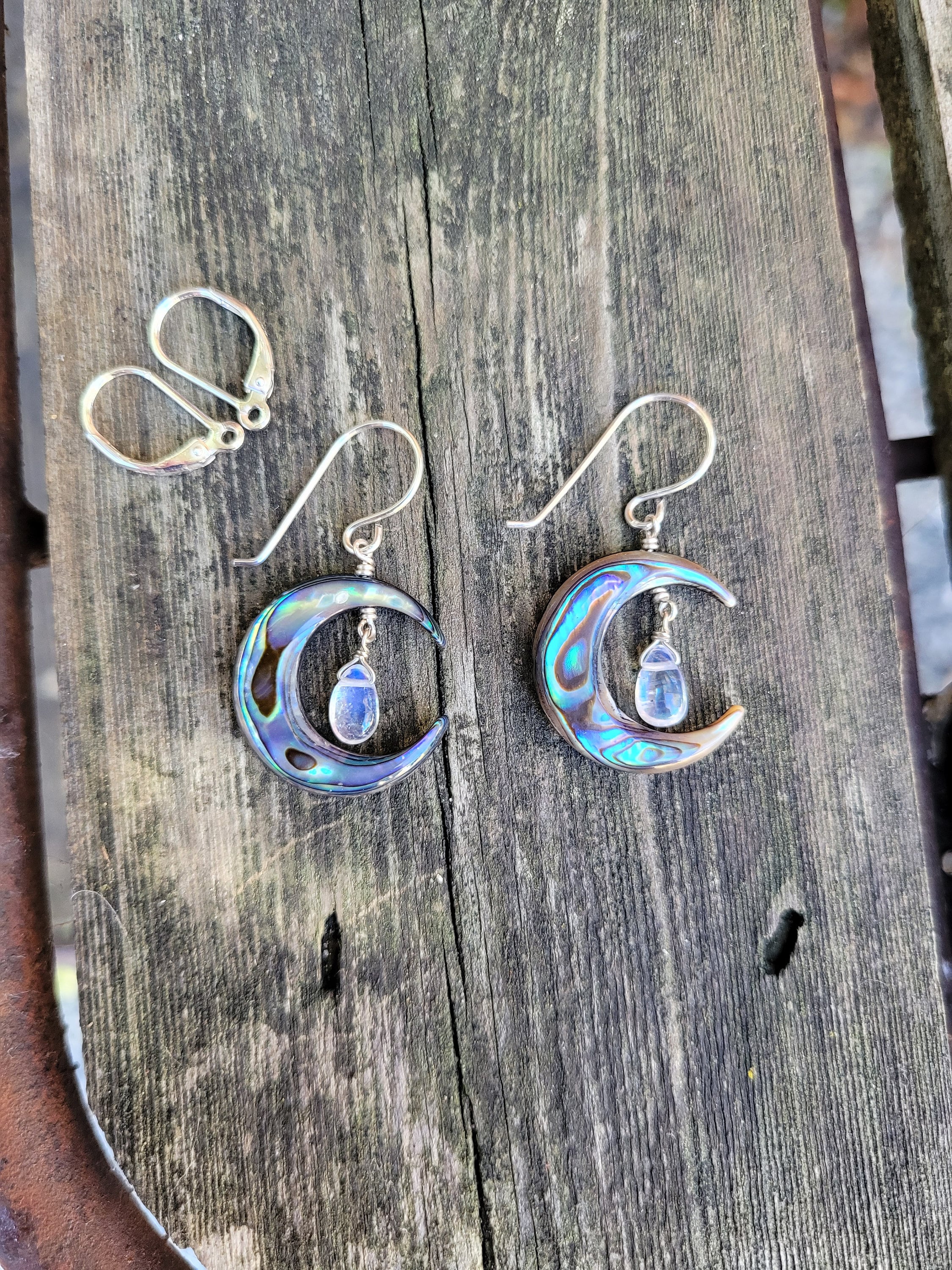 Abalone And Moonstone Earrings.   Gold, Rose Gold And Sterling Silver Crescent Moon Earrings. Moonstone Abalone Rainbow Earrings