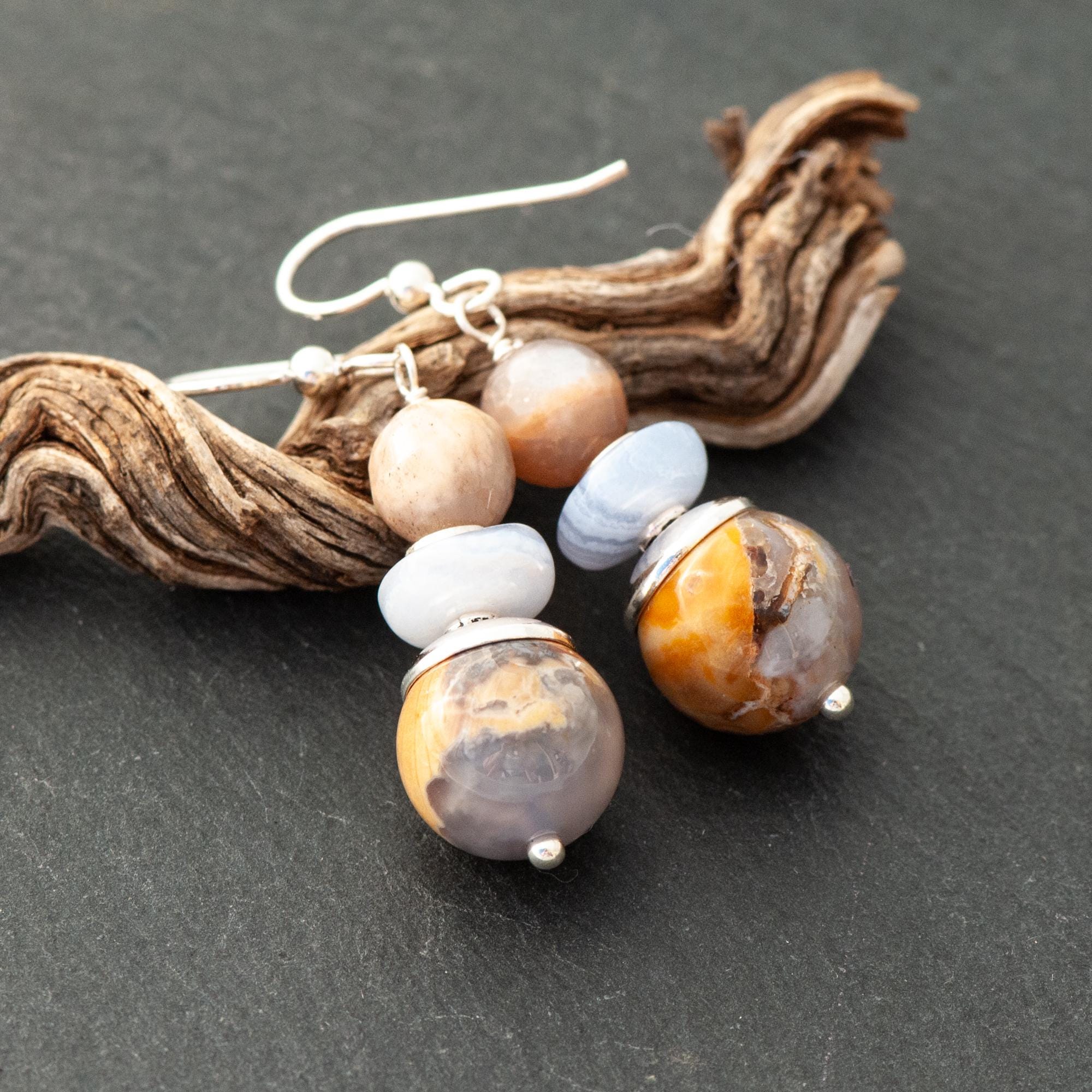 Blue Chalcedony Earrings, Pale Blue, Grey And Beige Natural Stone, Moonstone & Blue Lace Agate, Earth Dangles, 925 Silver French Ear Wires