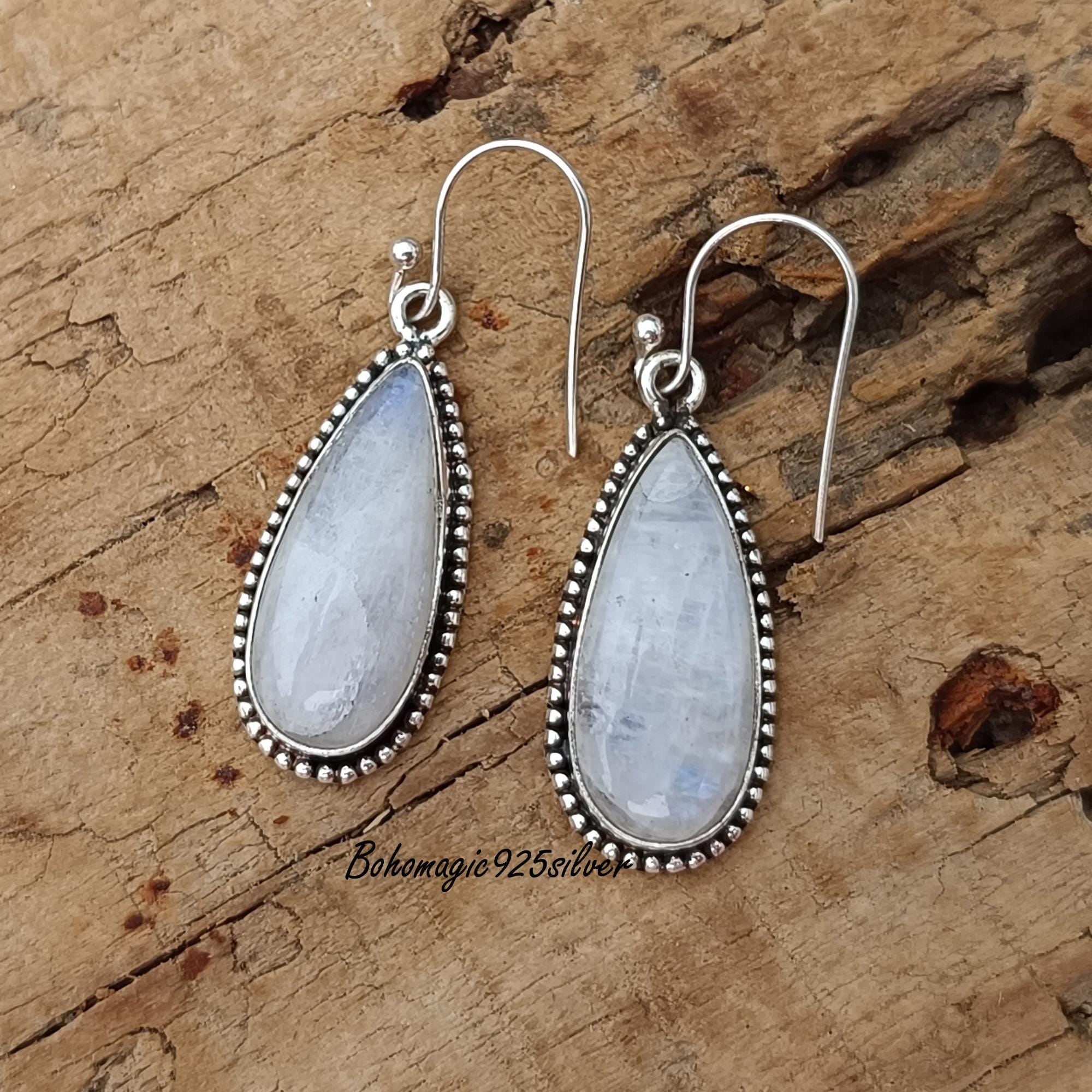 Handmade Moonstone Dangle Earrings: 925 Sterling Silver Boho Jewelry