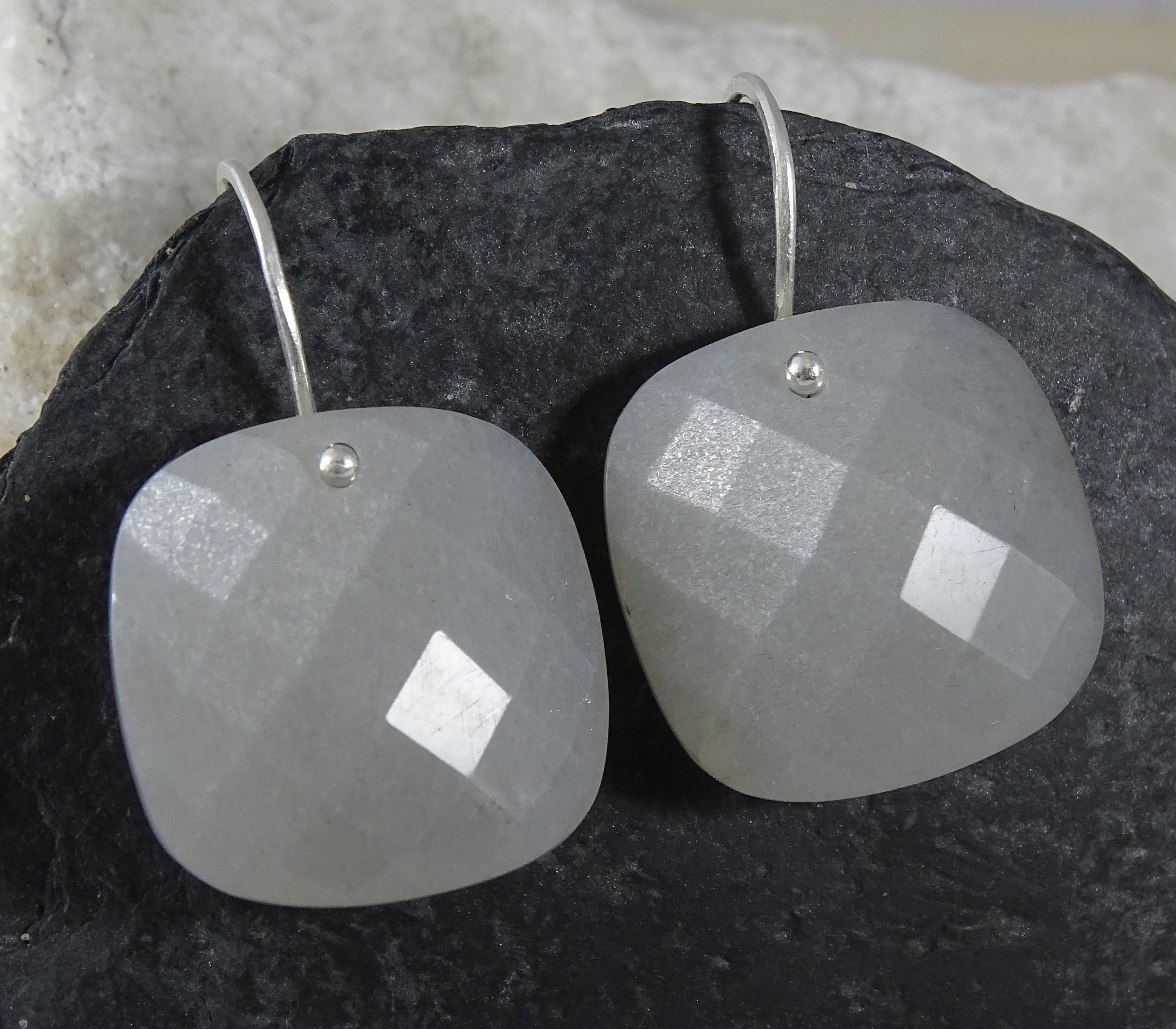 Natural Moonstone Dangle Earrings | Sterling Silver Moon Stone Jewelry | Gray Faceted Gemstone | Wicca Wiccan | Earrings For Men Women Teens