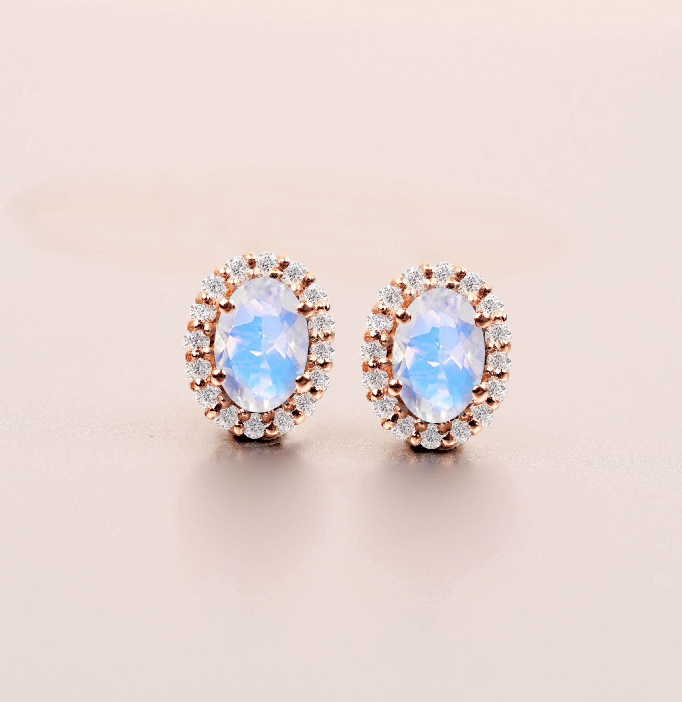 Oval Moonstone Stud Earrings, Sterling Silver, Bridal Jewelry