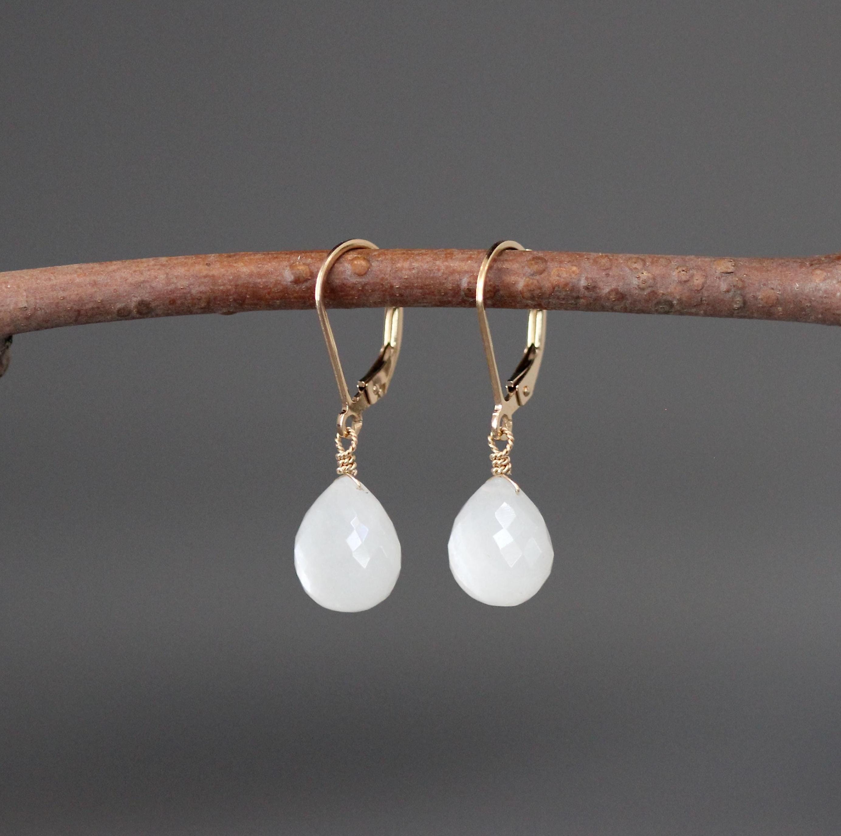 White Moonstone Earrings - White Gemstone Earrings - Moonstone And Gold Earrings - Gold Wire Wrapped Earrings - Gold Leverback Earrings