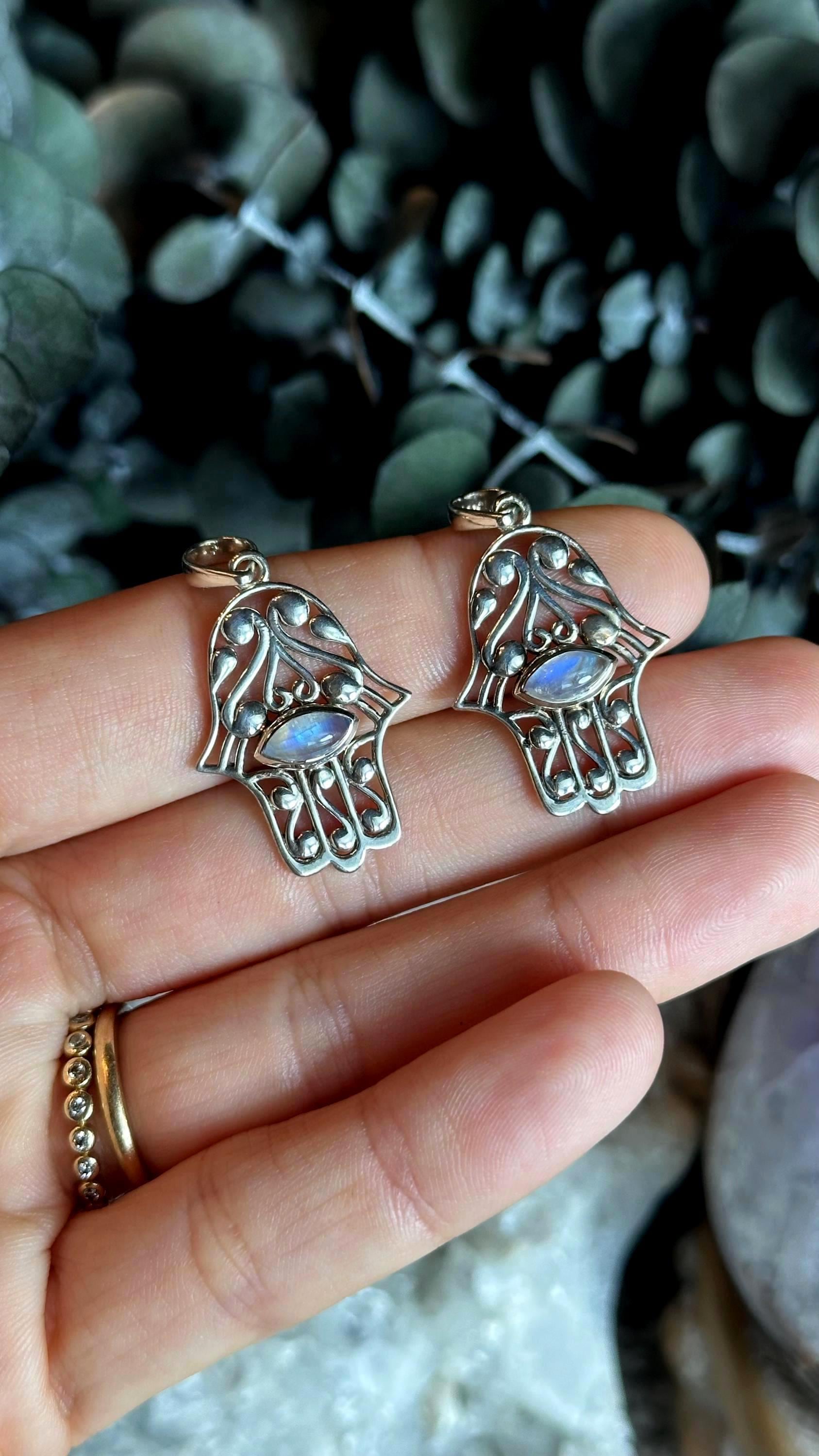 Moonstone Hamsa Hand Necklace, .925 Sterling Silver