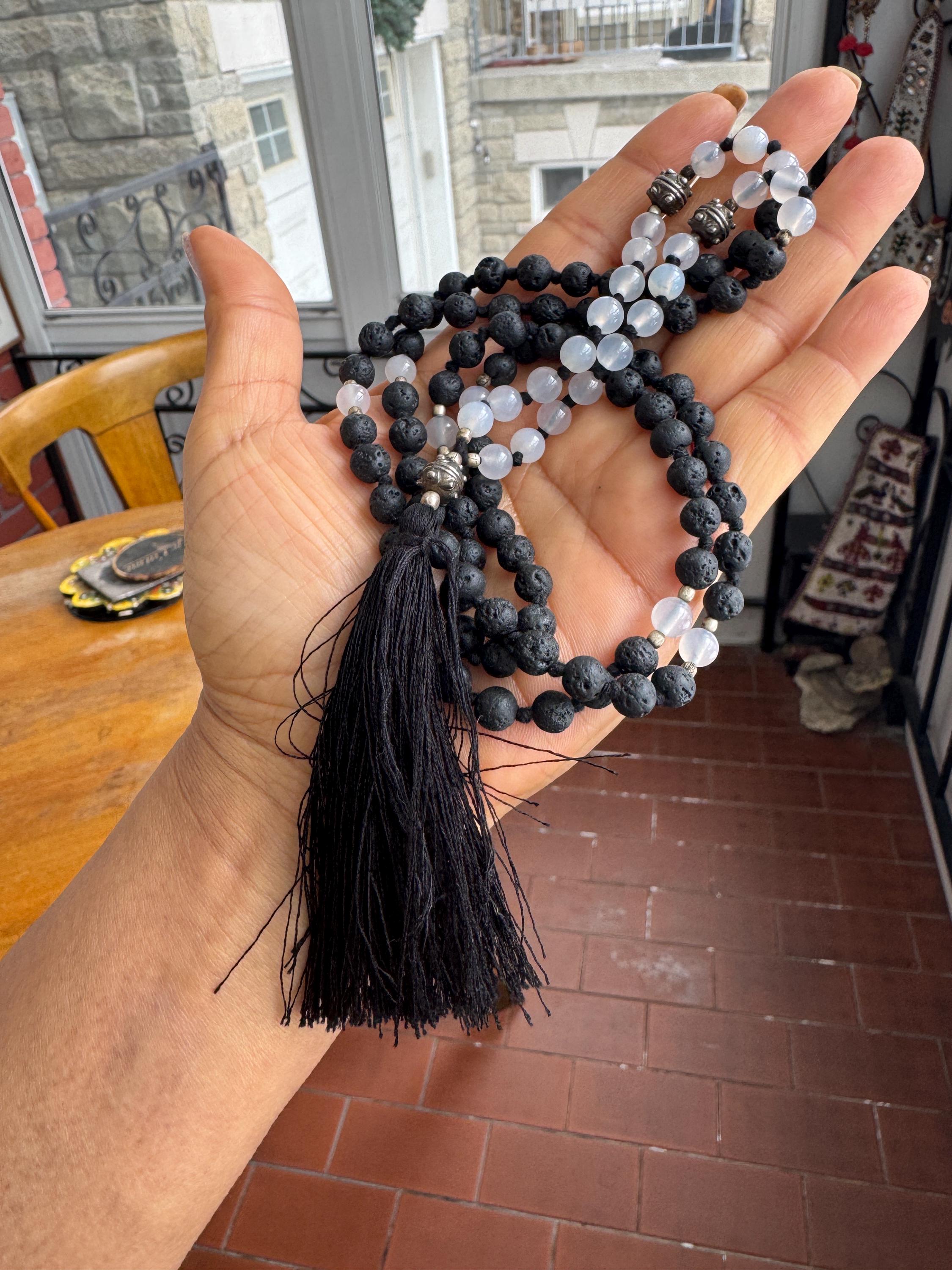 Lava Moonstone 108 Mala Necklace Japa Prayer Beads Tassel Lava Moonstone 108 Mala Necklace Japa Prayer Beads Tassel