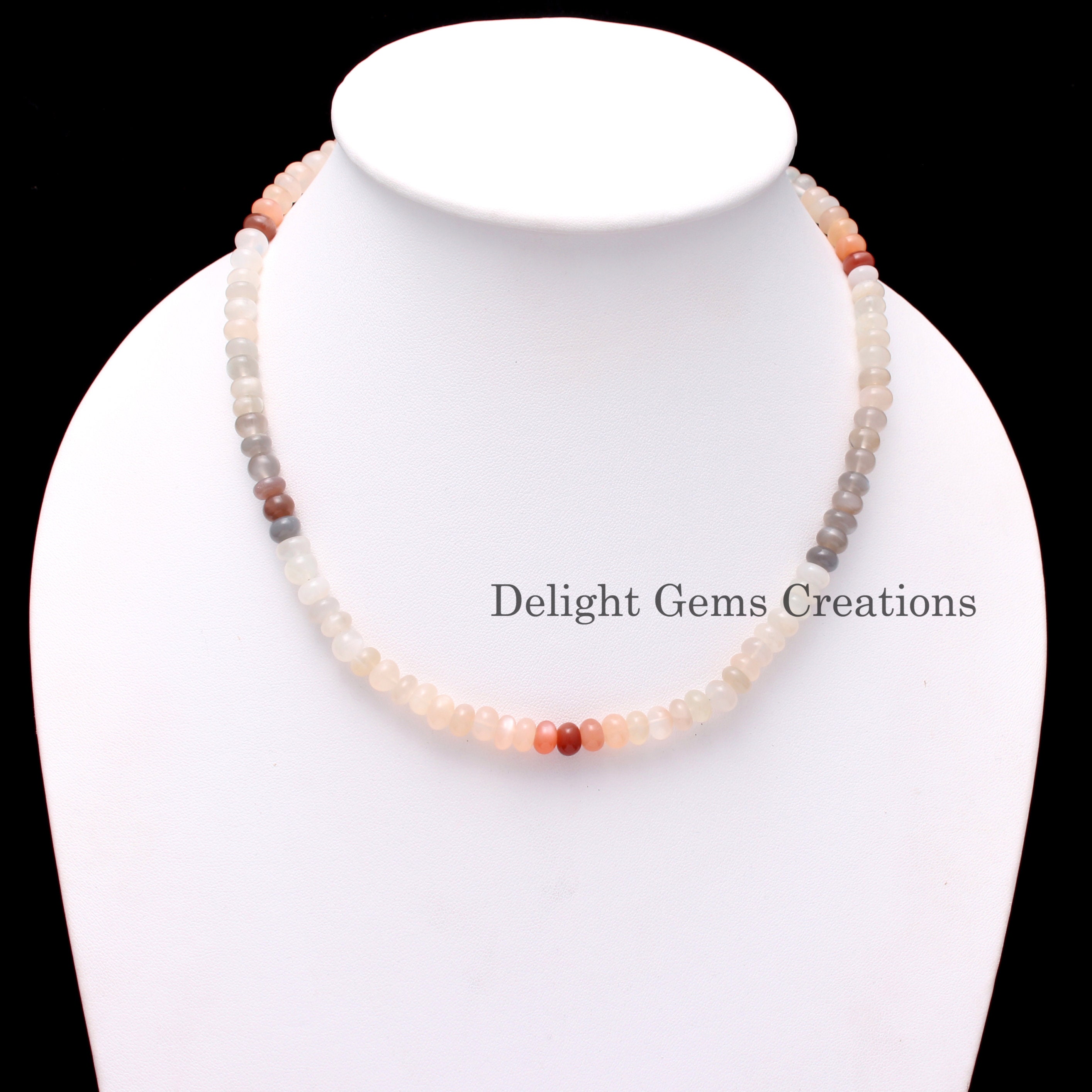 Multi Moonstone Beaded Necklace, Smooth Rondelle, 18 Inch