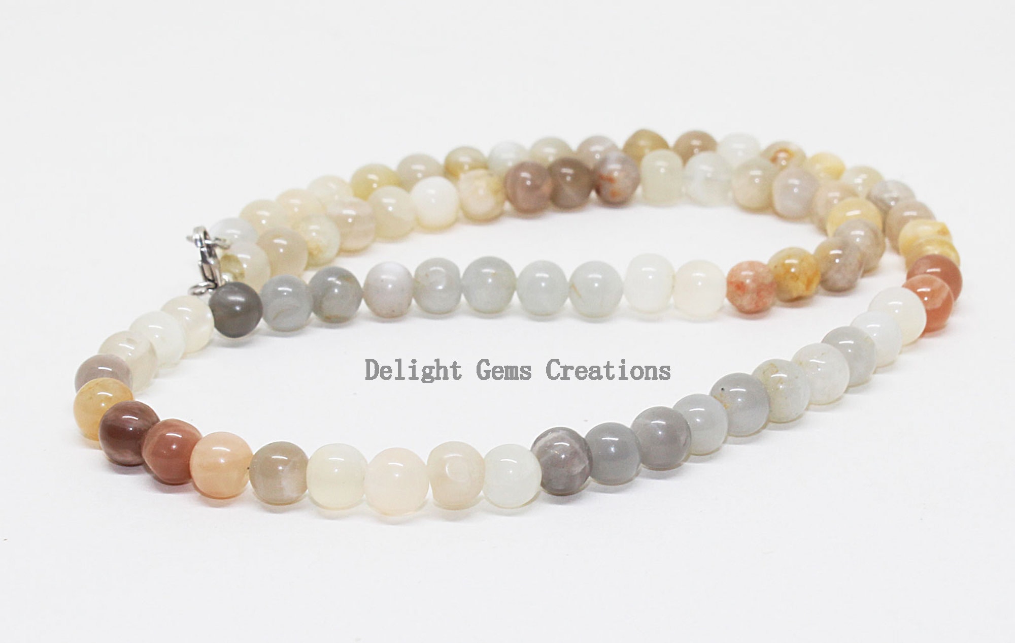 Multi Moonstone Necklace, Sterling Silver Beaded Necklace, 6-6.5mm, 18 Inch