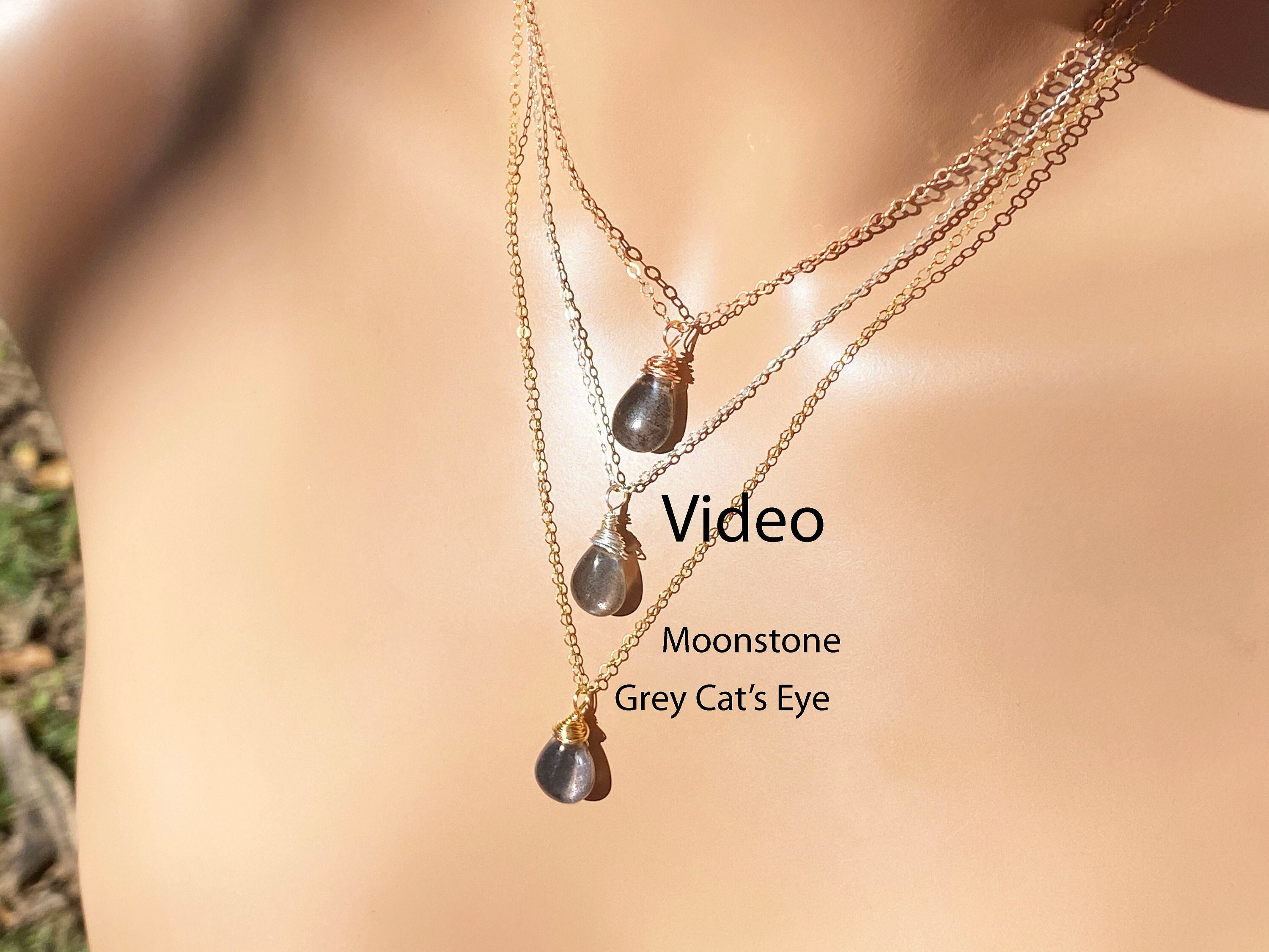 Natural Grey Moonstone Cat's Eye Necklace: .925 Sterling Silver, Yellow Or Rose Gold Filled / Natural Cat's Eye Moonstone