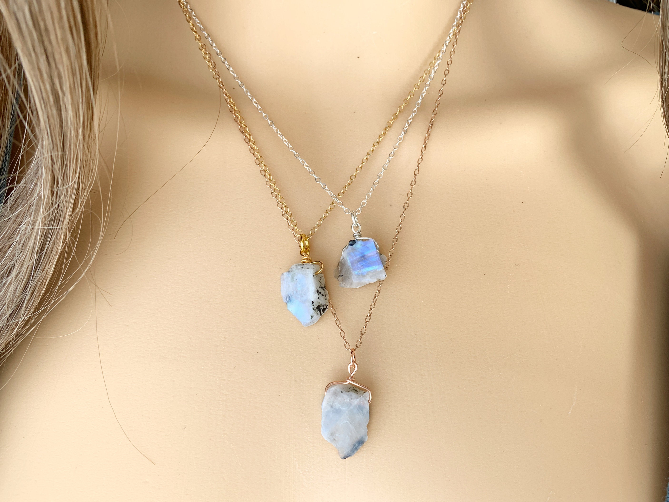 Quality Sterling Silver Raw Moonstone Necklace, Raw Crystal Necklace Gold Filled, 3rd Anniversary Gift, June Birthstone Gift Gemini Necklace