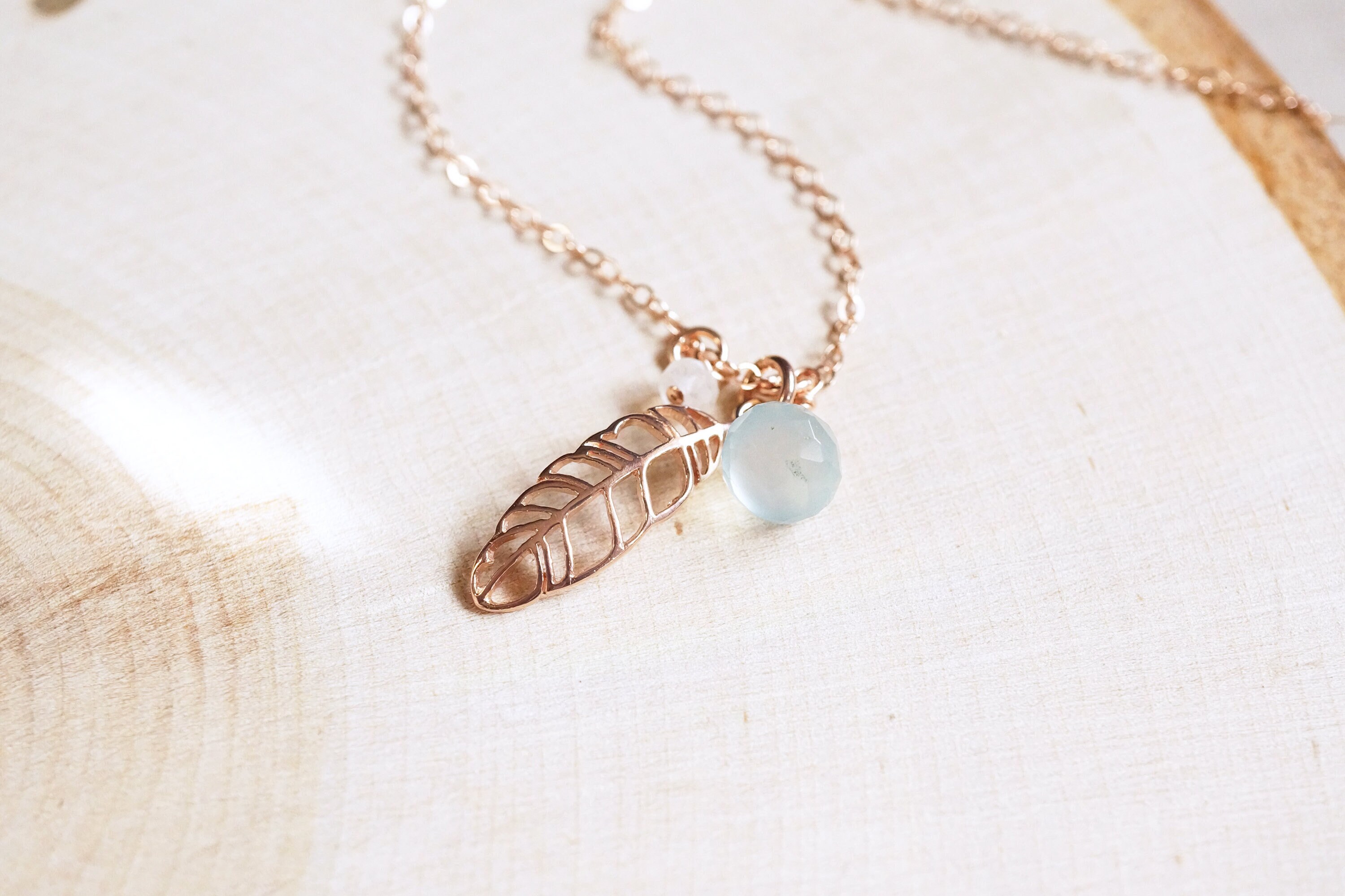 Rose Gold Feather Necklace: Aqua Chalcedony & Moonstone Gemstone