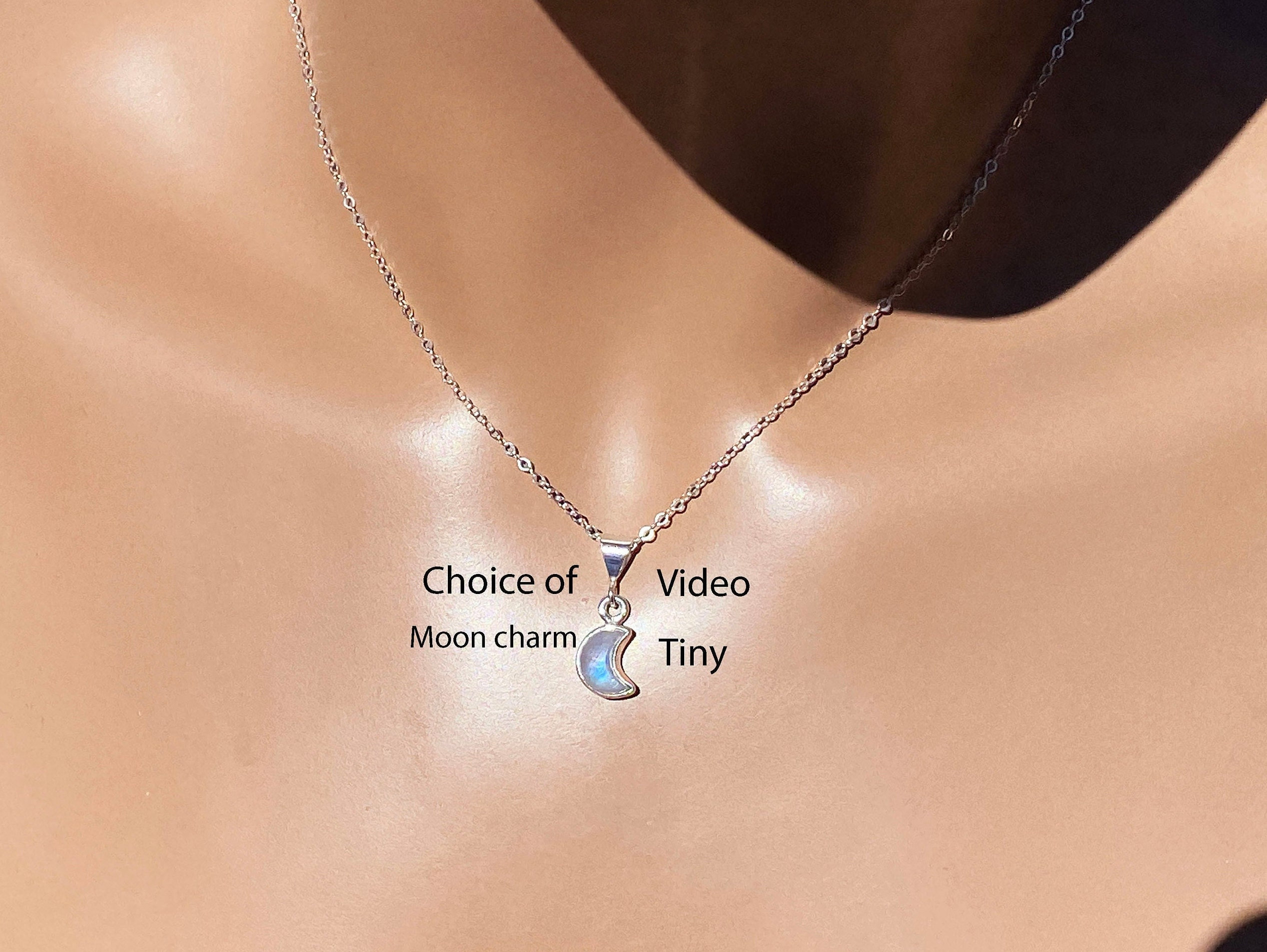Tiny Moon Neon Blue Moonstone Necklace/ Sterling Sliver / Minimalist / 9x5 Mm Or 11x5 Mm Real Natural Moonstone June Birthstone