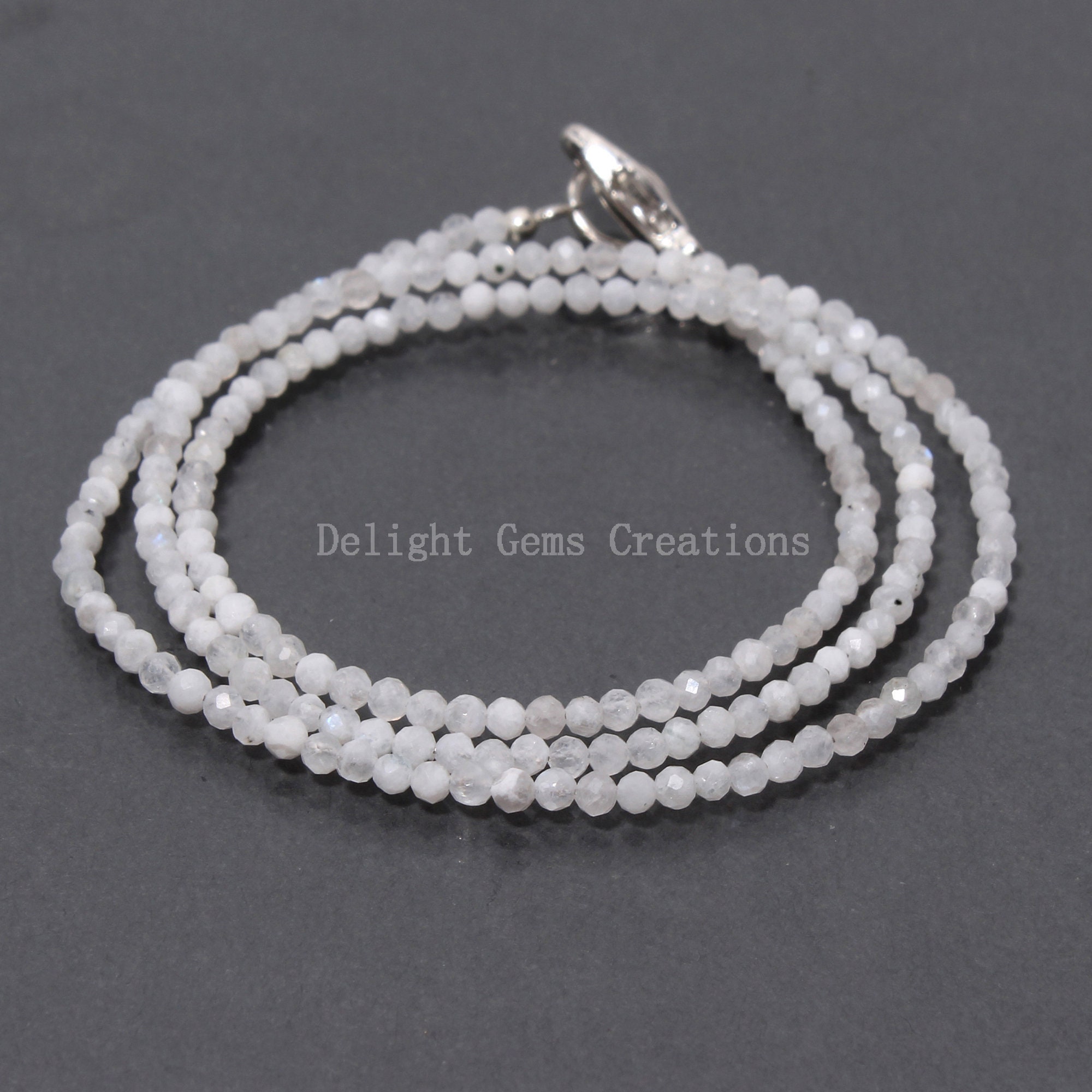 White Moonstone Beaded Necklace, 2.5mm Micro Facet Round Beads, 18 Inch