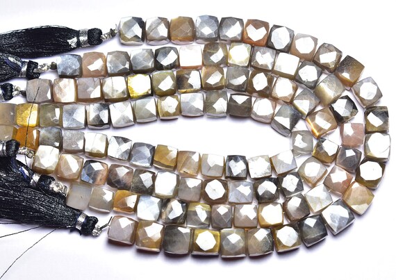 Golden Sheen Gray Moonstone Cubes Beads - 8 Inches - Natural Golden Sheen Gray Moonstone Cube Box Briolettes - Size Is 7.5 -8mm #99