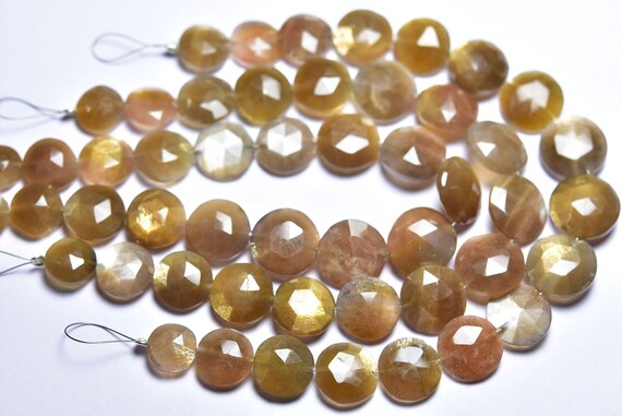 Shimmer Moonstone Coin Beads -  8 Inches - Natural Beautiful Faceted Golden Sheen Moonstone Coin Briolettes - Size Is 10-13 Mm #1365