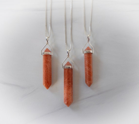 Peach Moonstone Necklace Sterling Silver • Moonstone Pendant • Sterling Silver Gemstone Points • Healing Crystal Necklace • Affordable Gift