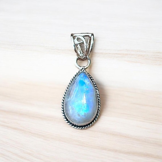 Sterling Silver Moonstone Pendant: Blue Fire Gemstone, Unisex Design