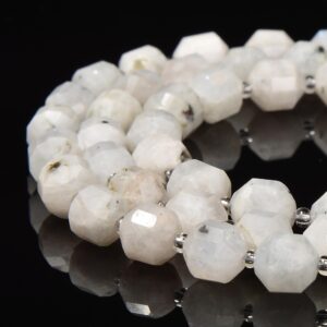 White Moonstone With Black Specks Prism Cut Double Point 9x10mm 15.5'' Strand White Moonstone With Black Specks Prism Cut Double Point 9x10mm 15.5'' Strand
