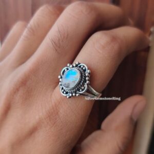 925 Sterling Silver Moonstone Ring: Dainty Women's Engagement Ring, Gift Her