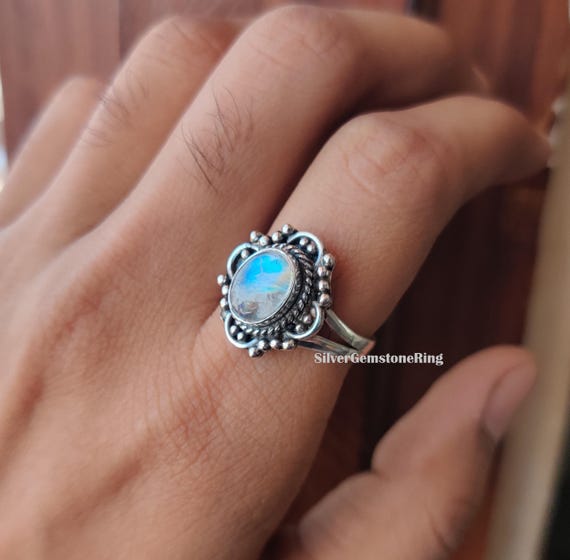 925 Sterling Silver Moonstone Ring: Dainty Women's Engagement Ring, Gift Her