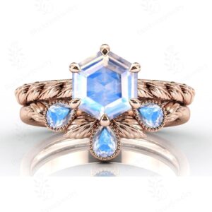 Art Deco Moonstone Engagement Ring Set For Women Unique Nature Inspired Ring Set 14k Gold Moonstone Leaf Style Ring Set Anniversary Ring Set Art Deco Moonstone Engagement Ring Set For Women Unique Nature Inspired Ring Set 14k Gold Moonstone Leaf Style Ring Set Anniversary Ring Set