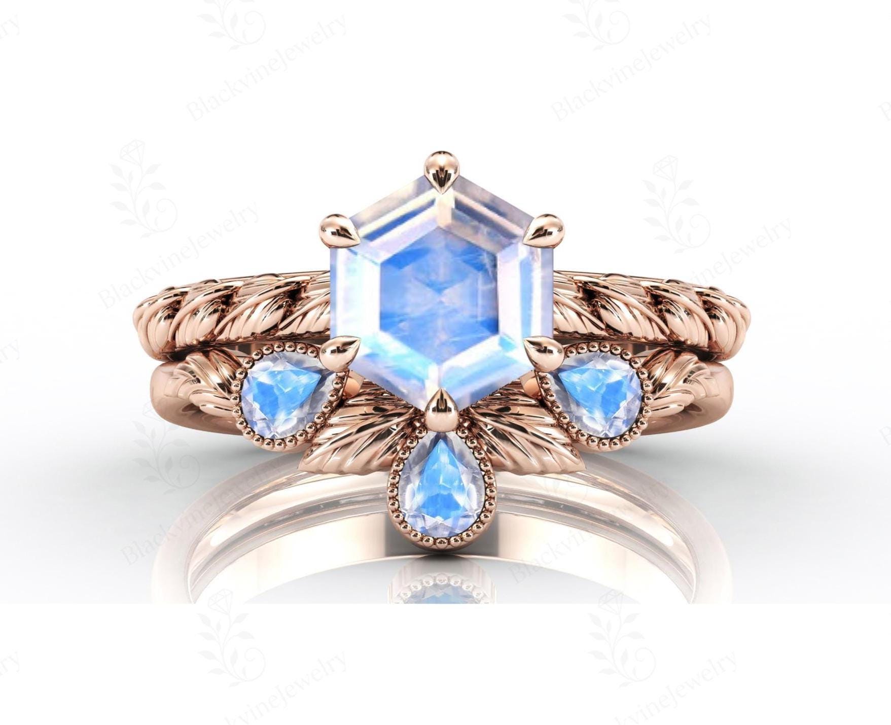 Art Deco Moonstone Engagement Ring Set For Women Unique Nature Inspired Ring Set 14k Gold Moonstone Leaf Style Ring Set Anniversary Ring Set