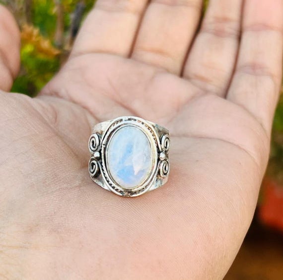 Moonstone Band Ring, 925 Sterling Silver, Handmade Ring, Rainbow Jewelry