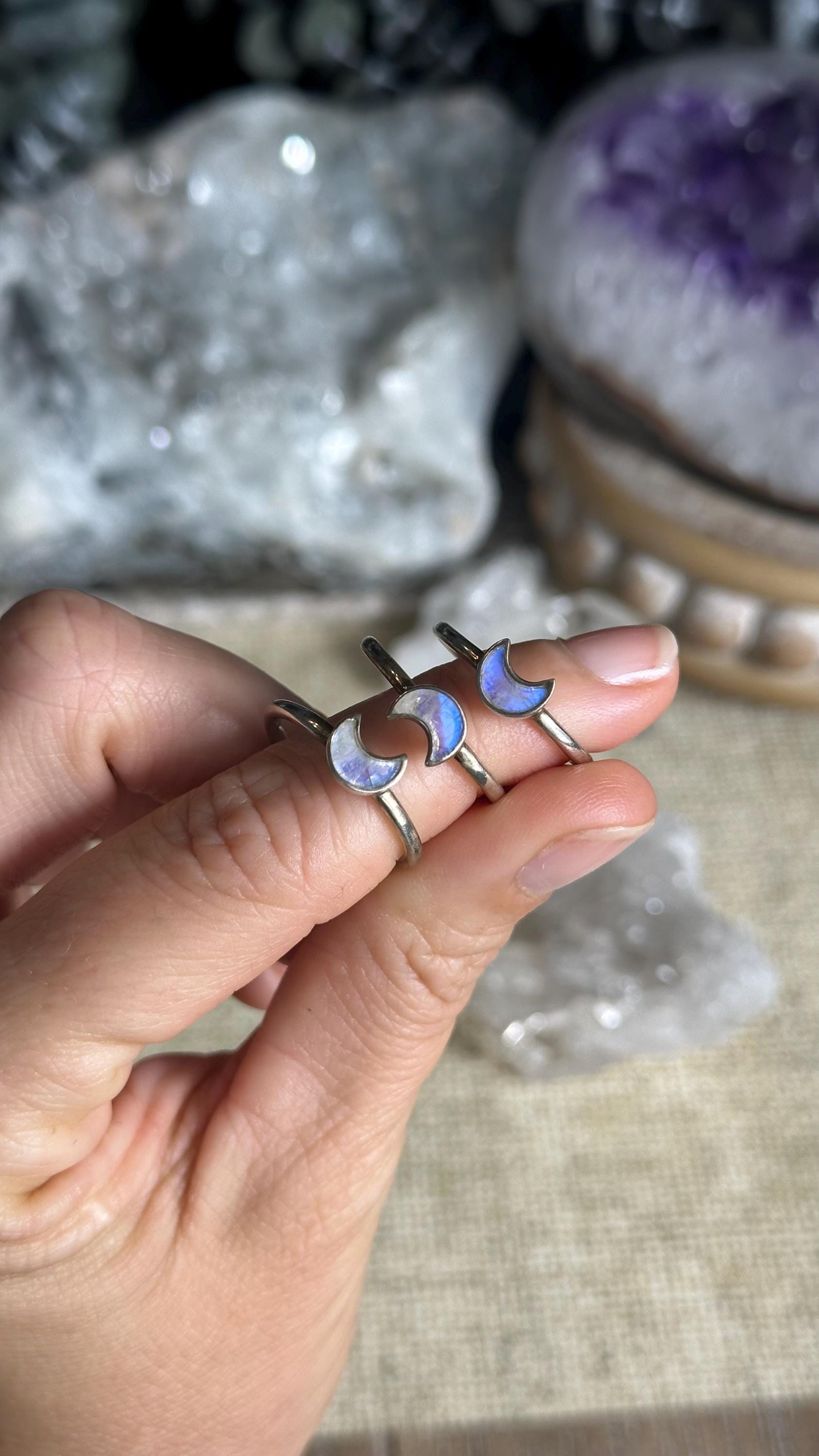Dainty Moonstone Crescent Ring: .925 Sterling Silver Stackable Band