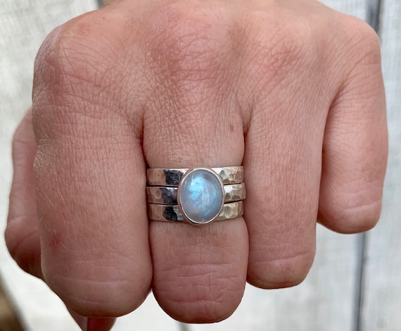 Elegant White Moonstone Sterling Silver Hammered Band Trio Ring | Engagement Ring | Wedding | Boho | June Birthday | Stacking Ring | Zodiac
