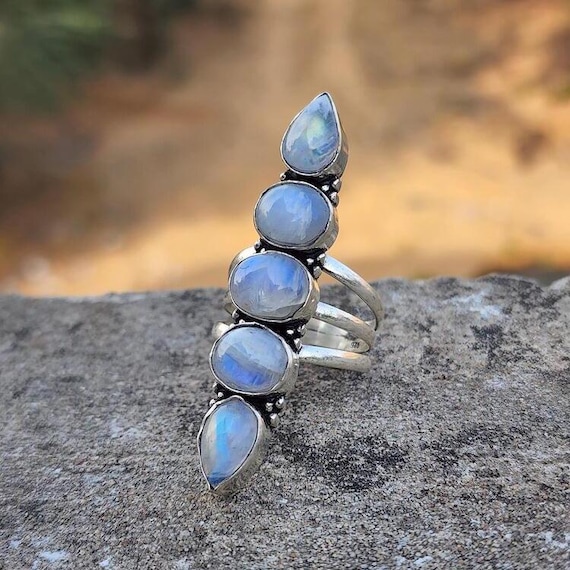 Five Moonstone 925 Sterling Silver Ring: Boho Gemstone Jewelry