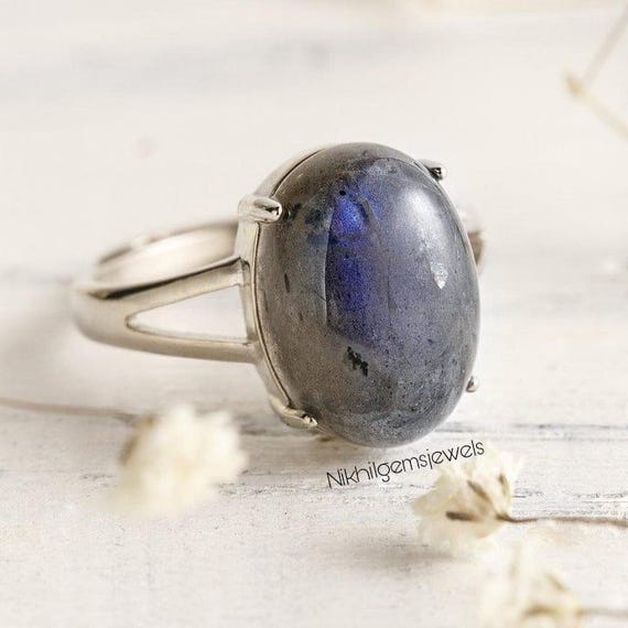 Handmade Natural Moonstone Ring: Silver Plated Brass, Adjustable