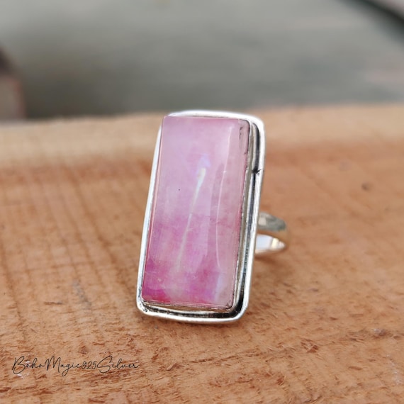 Handmade Rectangle Pink Moonstone Ring: 925 Sterling Silver Band