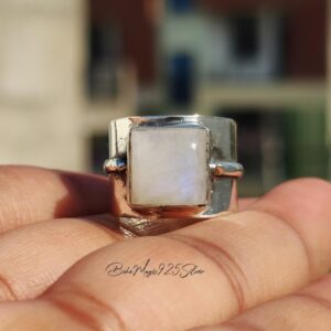Handmade Moonstone Ring: Wide Band 925 Sterling Silver Boho Jewelry