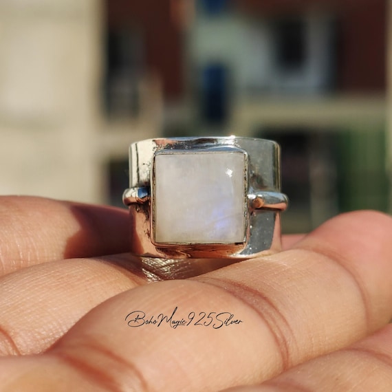Handmade Moonstone Ring: Wide Band 925 Sterling Silver Boho Jewelry